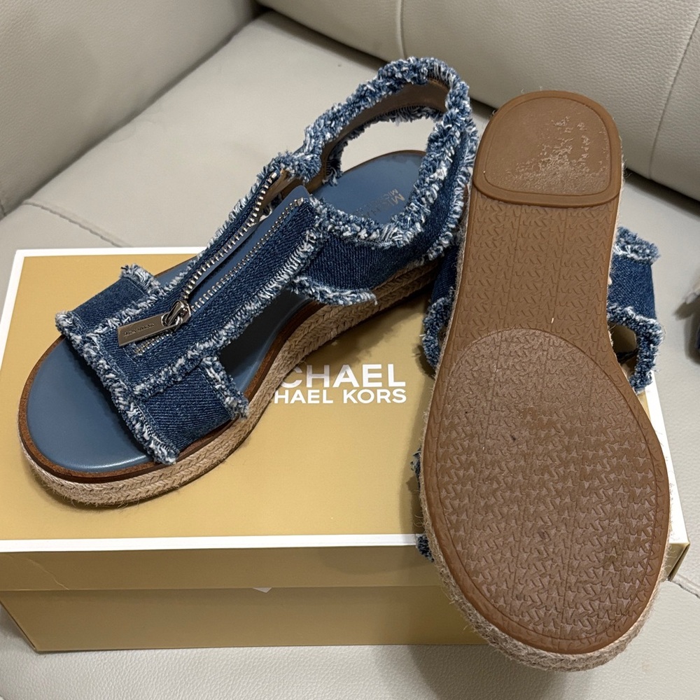 Michael Kors Blue Frayed Denim Espadrille Wedge Sandals with Front Zip